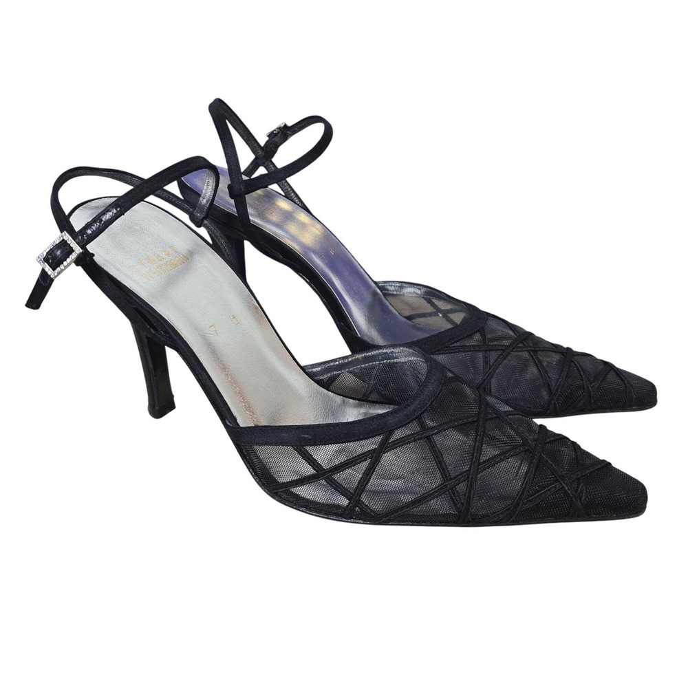 Stuart Weitzman Black Mesh Lattice Pointed Toe Pumps Rhinestone Buckle Size 7 M